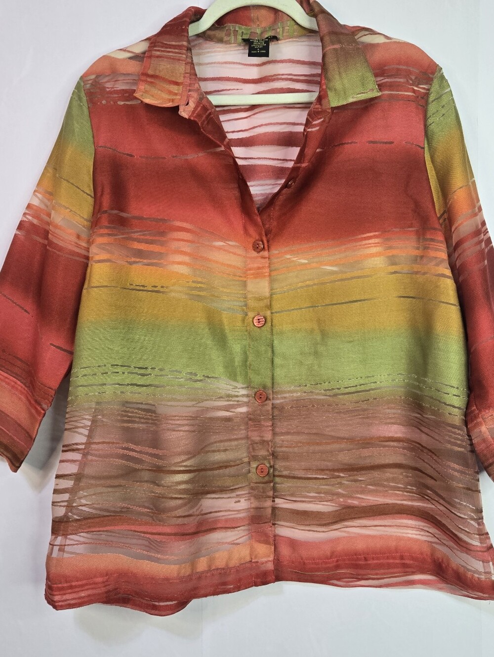 E L C C Size L Women Multicolor Sheer Button-Front Blouse, Cut-out Stripe Detail